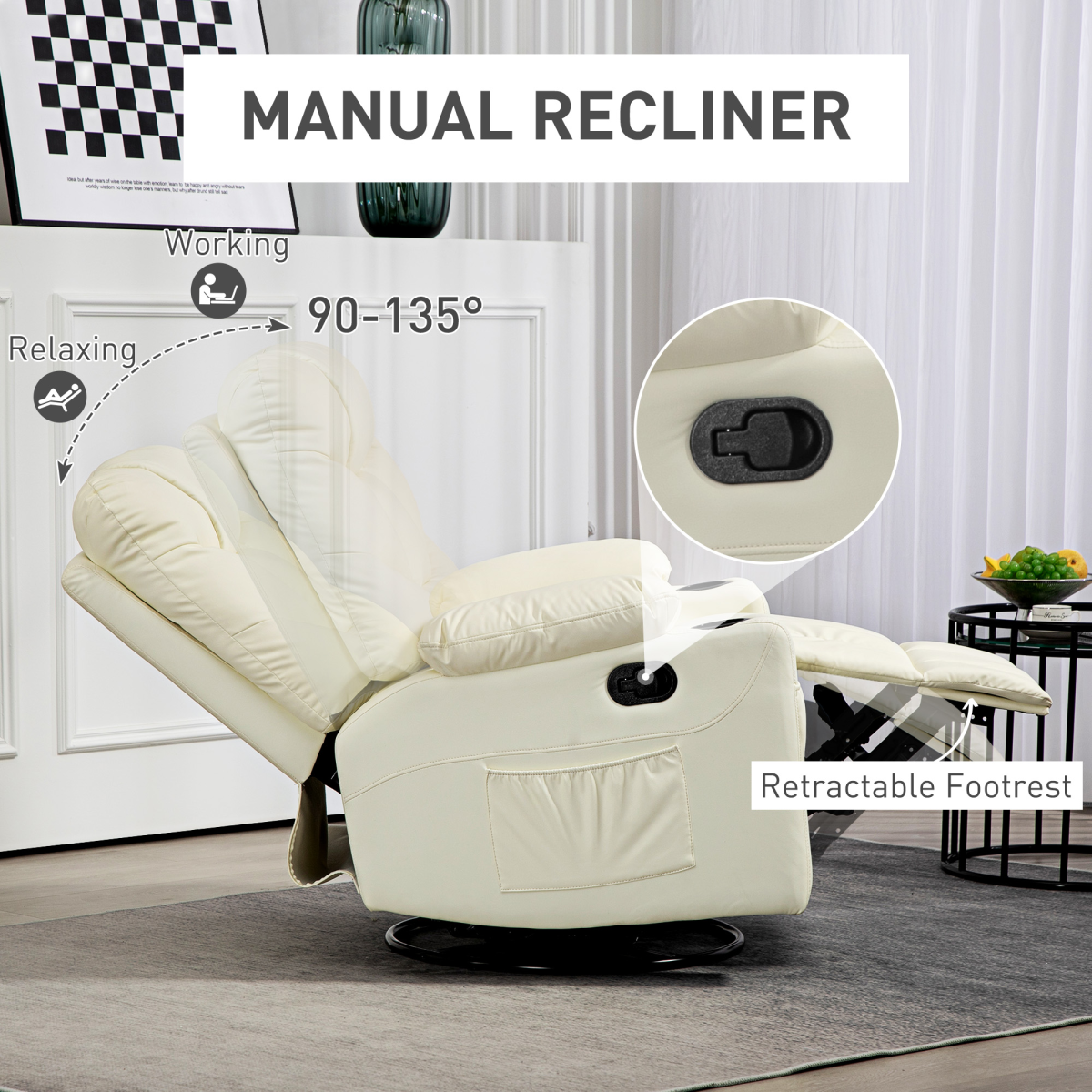 HOMCOM Manual Recliner Chair with Footrest, Cup Holder, Swivel Base, Cream