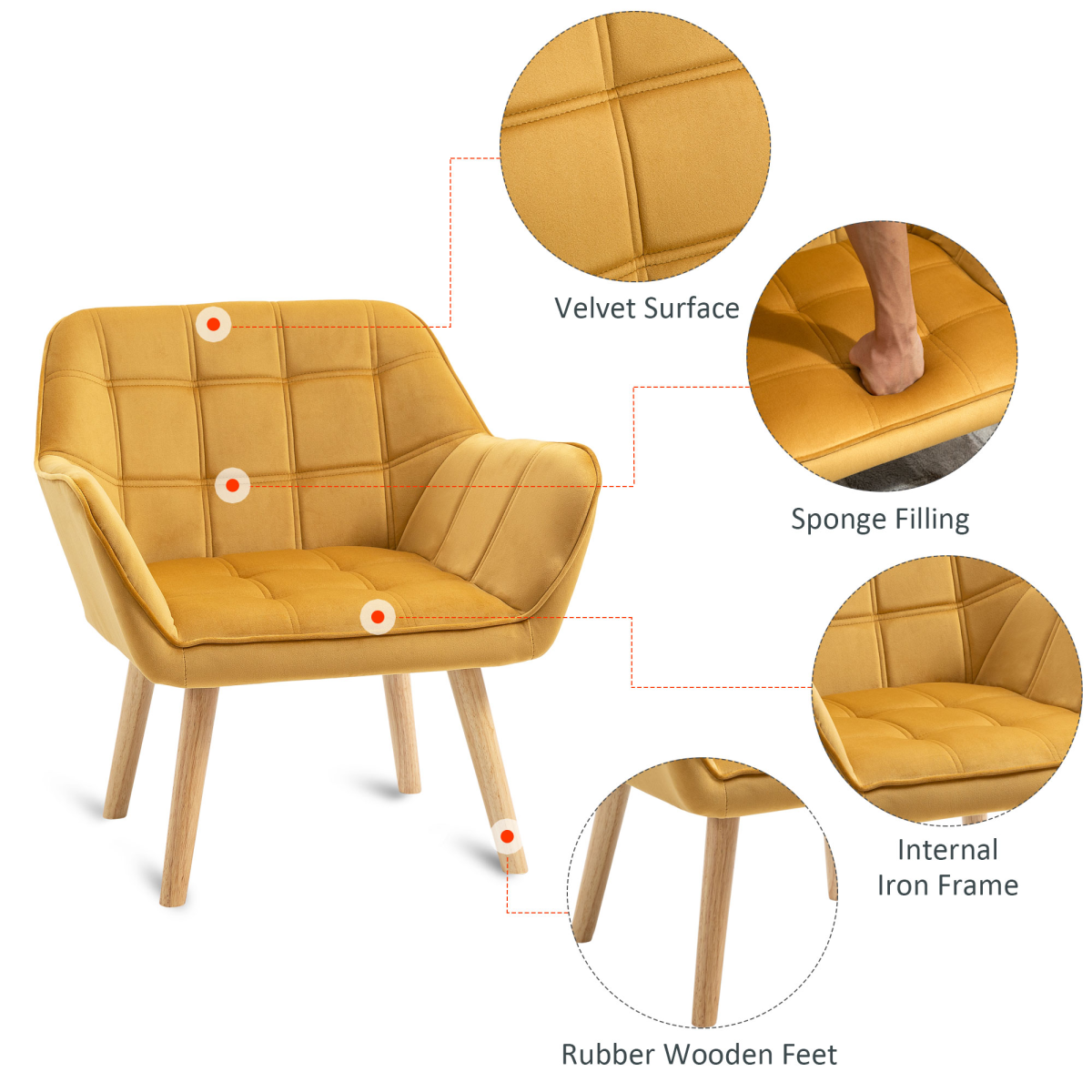 Luxe Velvet-Feel Accent Chair w/ Wide Arms Slanted Back Padding Wood Legs Yellow