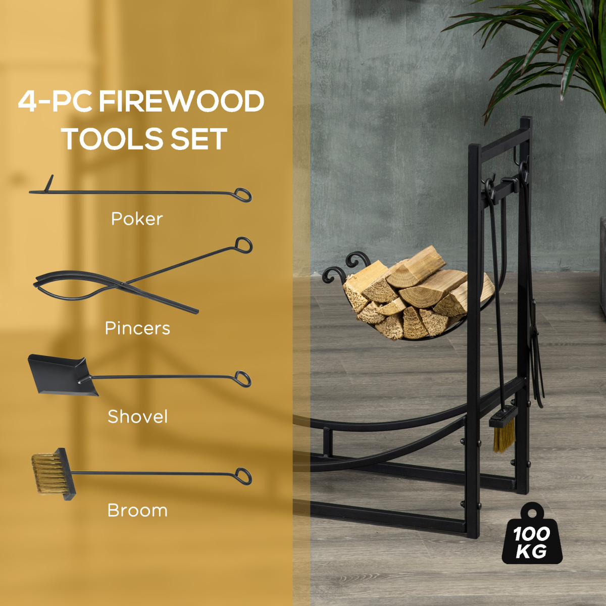 Firewood Stand Log Rack Holder 84cm with 4-PC Fireplace Tools Set