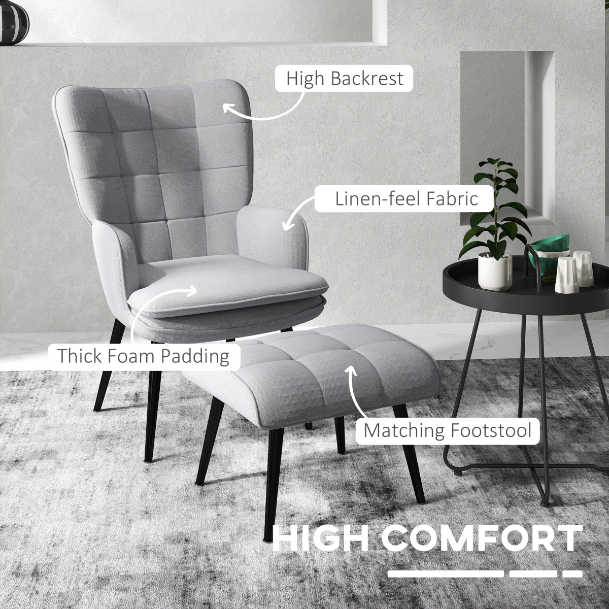 HOMCOM Living Room Chair with Footstool and Steel Legs, Light Grey