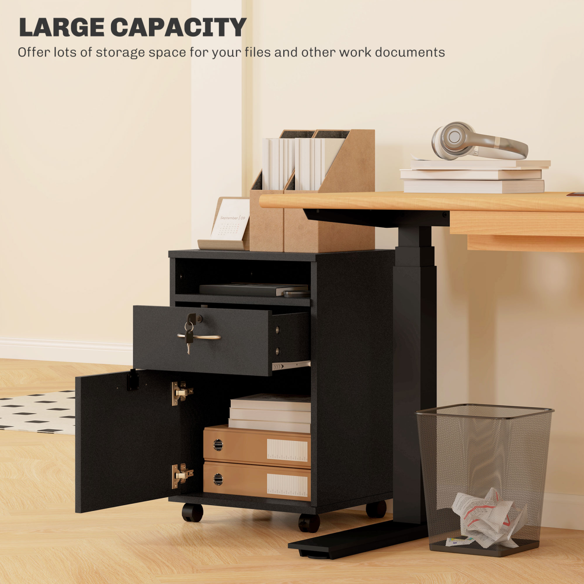 HOMCOM 60cm Storage Cabinet with Drawers and Open Shelf, Black