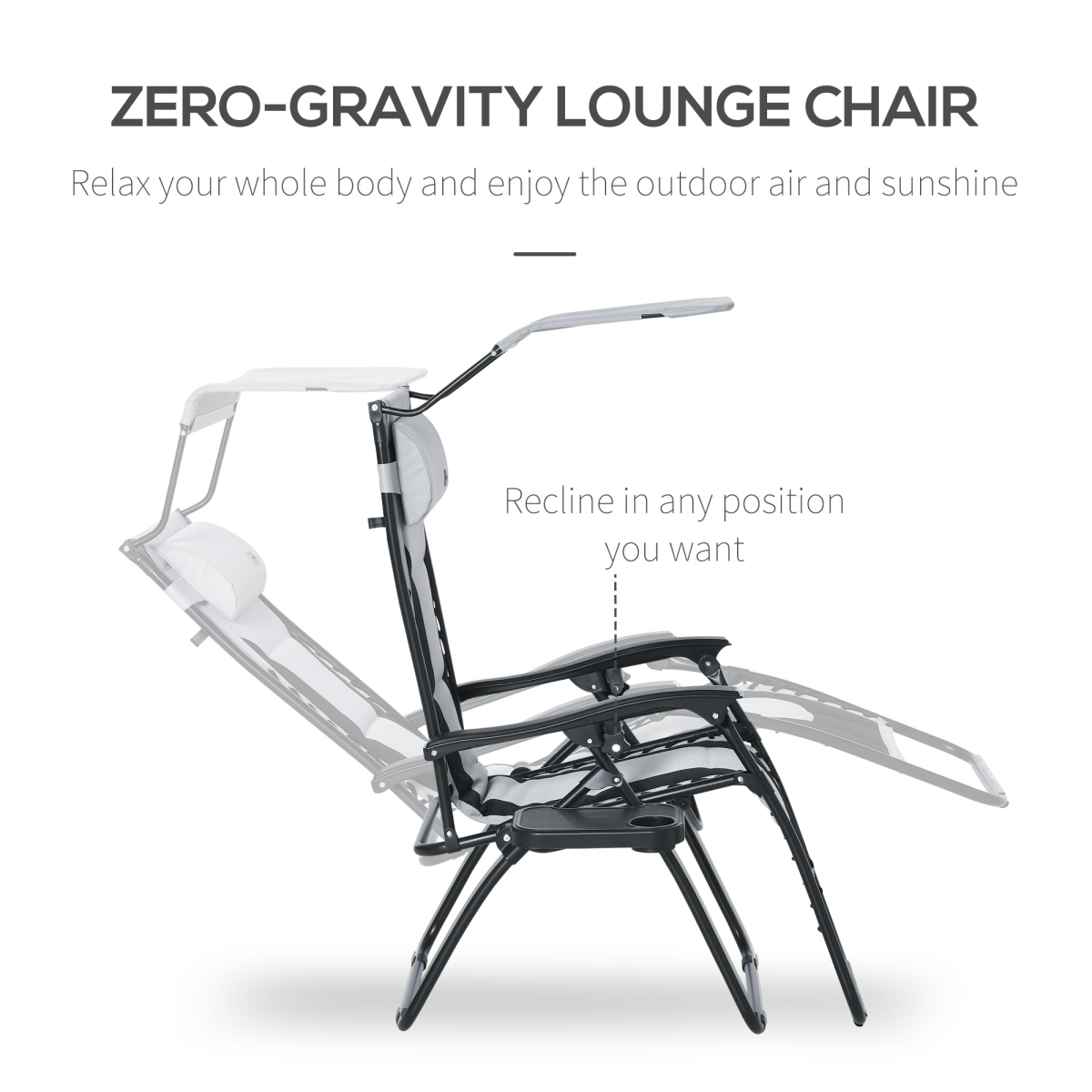 Zero Gravity Lounger Chair, Shade Cover, Cup Holder Headrest Grey