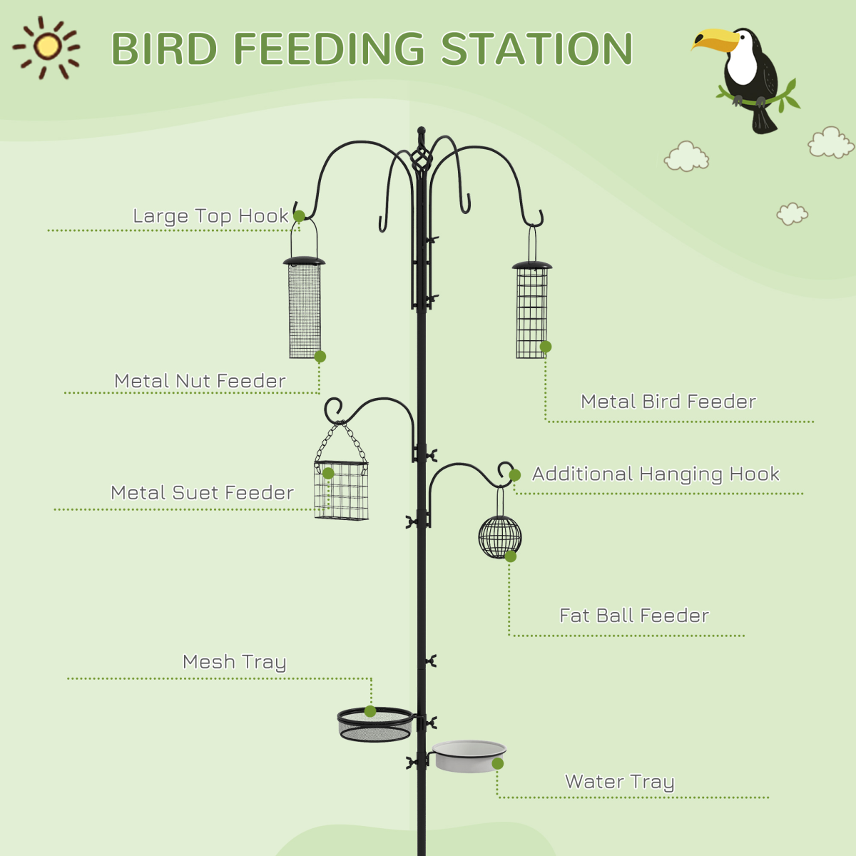 Bird Feeding Station Kit Wild Bird Feeder Pole w/ 6 Hooks 4 Hanging Feeders