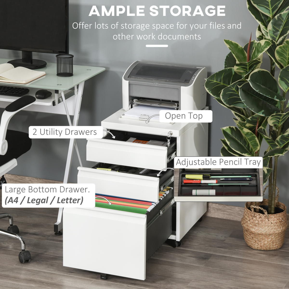 Mobile Vertical File Cabinet Lockable Metal Cabinet with 3 Drawers Vinsetto