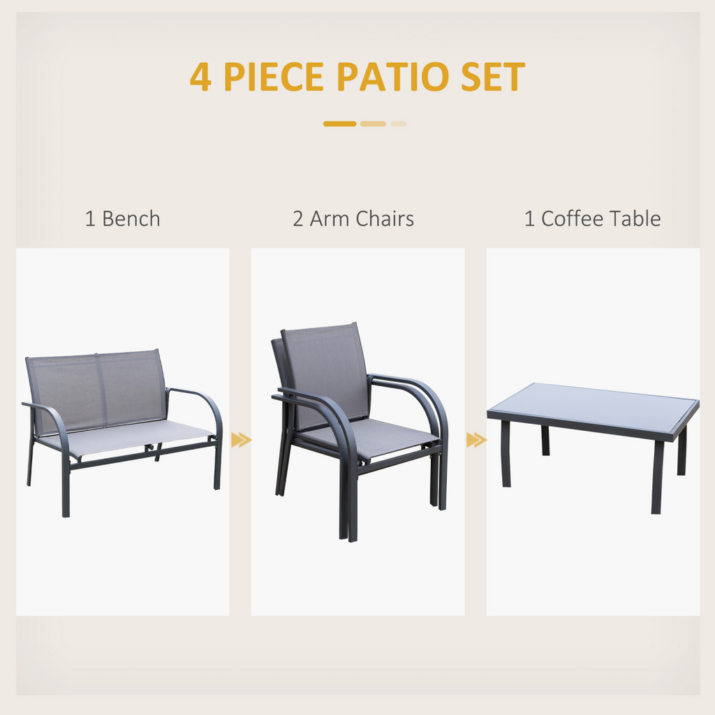 4 Pcs  Dining Set & Loveseat 2 Chairs Glass Top Table Seats Garden Grey