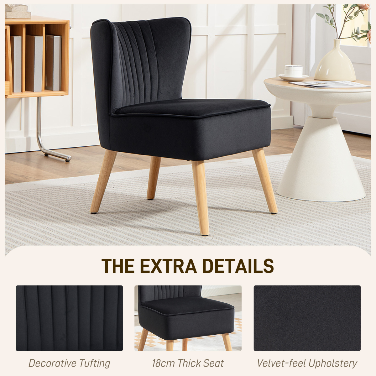 HOMCOM Velvet Accent Chair Occasional Tub Chair for Living Room, Black