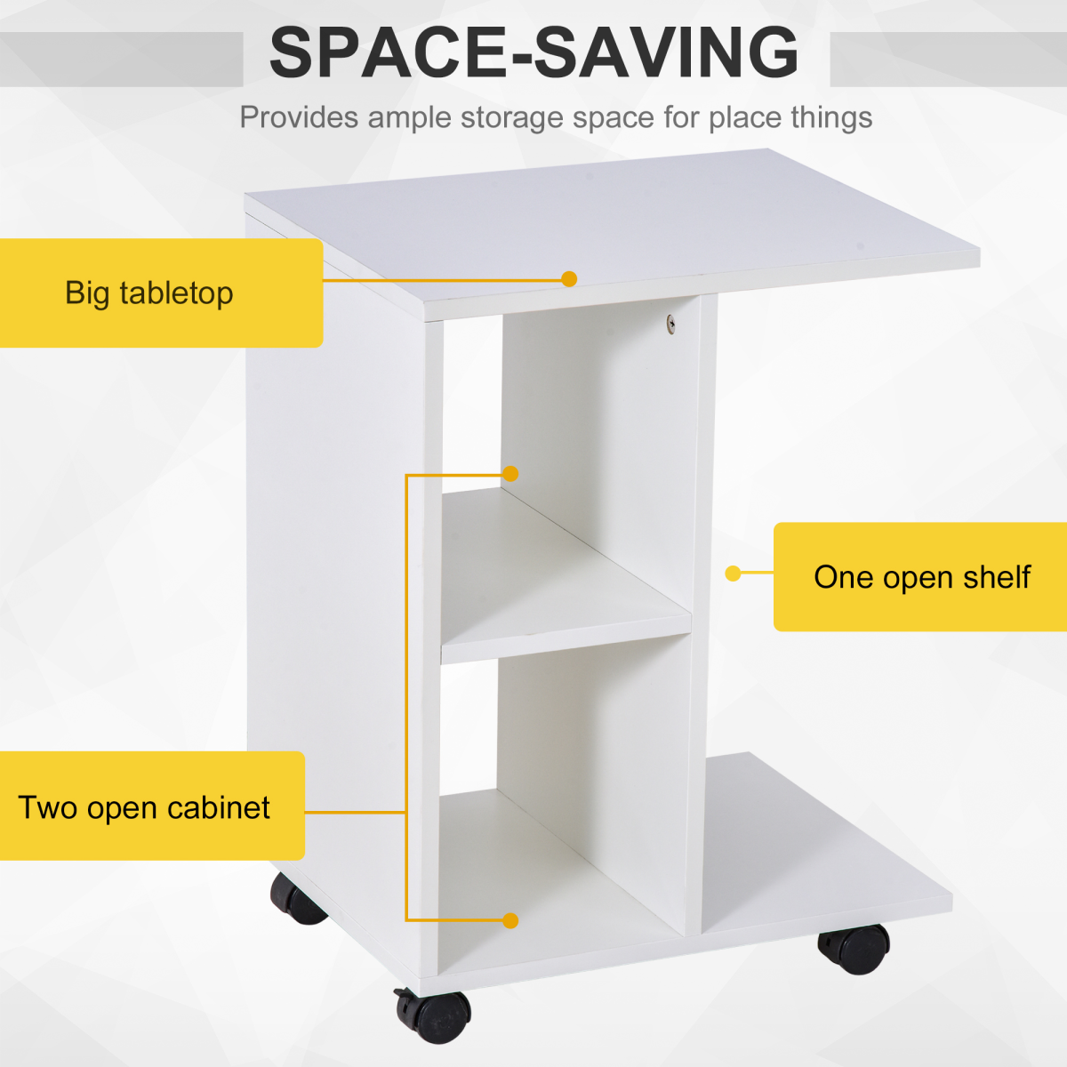 C-Shape End Table Storage Unit w/ 2 Shelves 4 Wheels Home  Office White