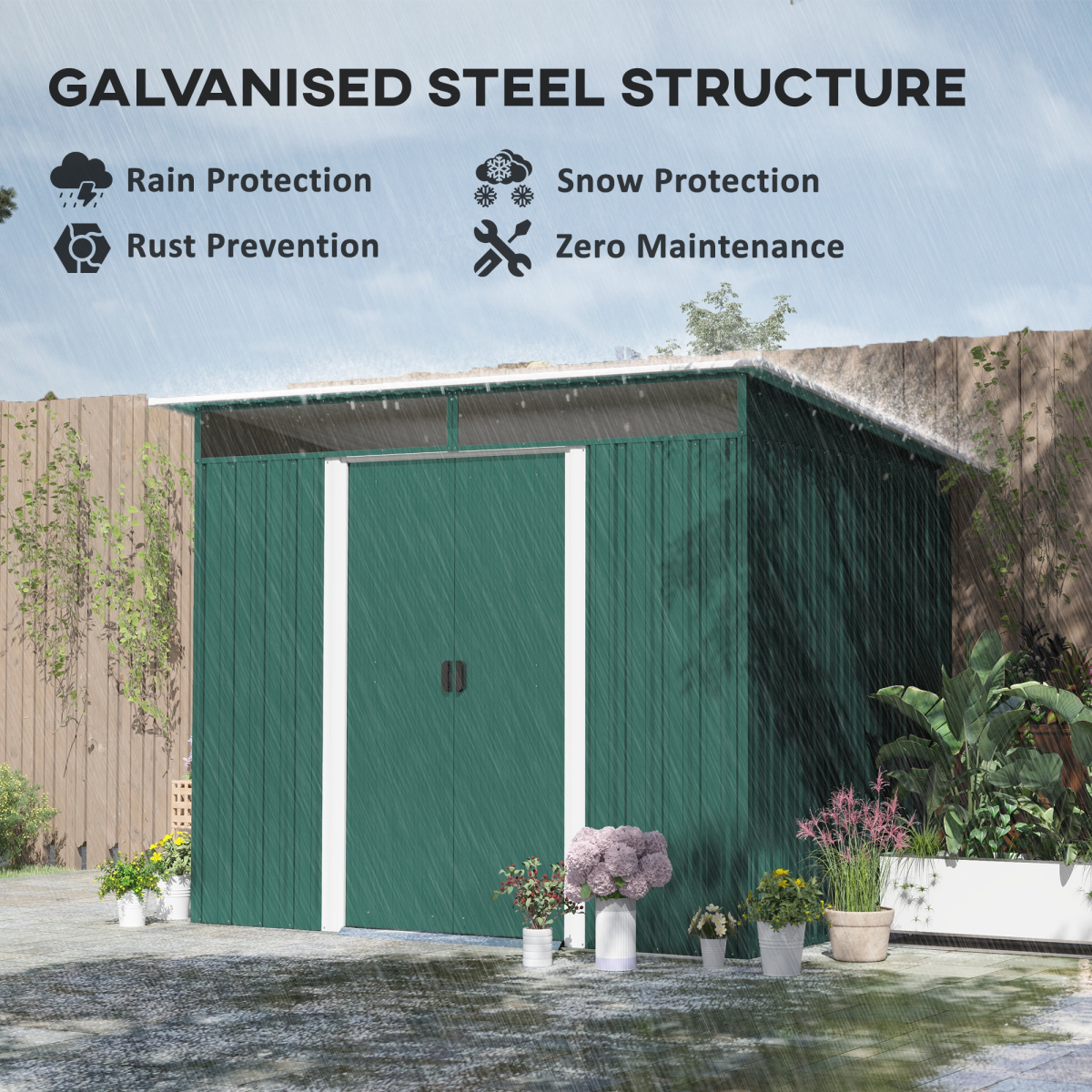 Pent Roofed Metal Garden Shed Foundation and Vent 260x194x200cm Green