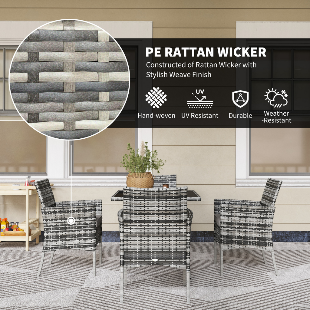 Outsunny 4 Seater Rattan Garden Furniture Set w/ Tempered Glass Tabletop - Grey