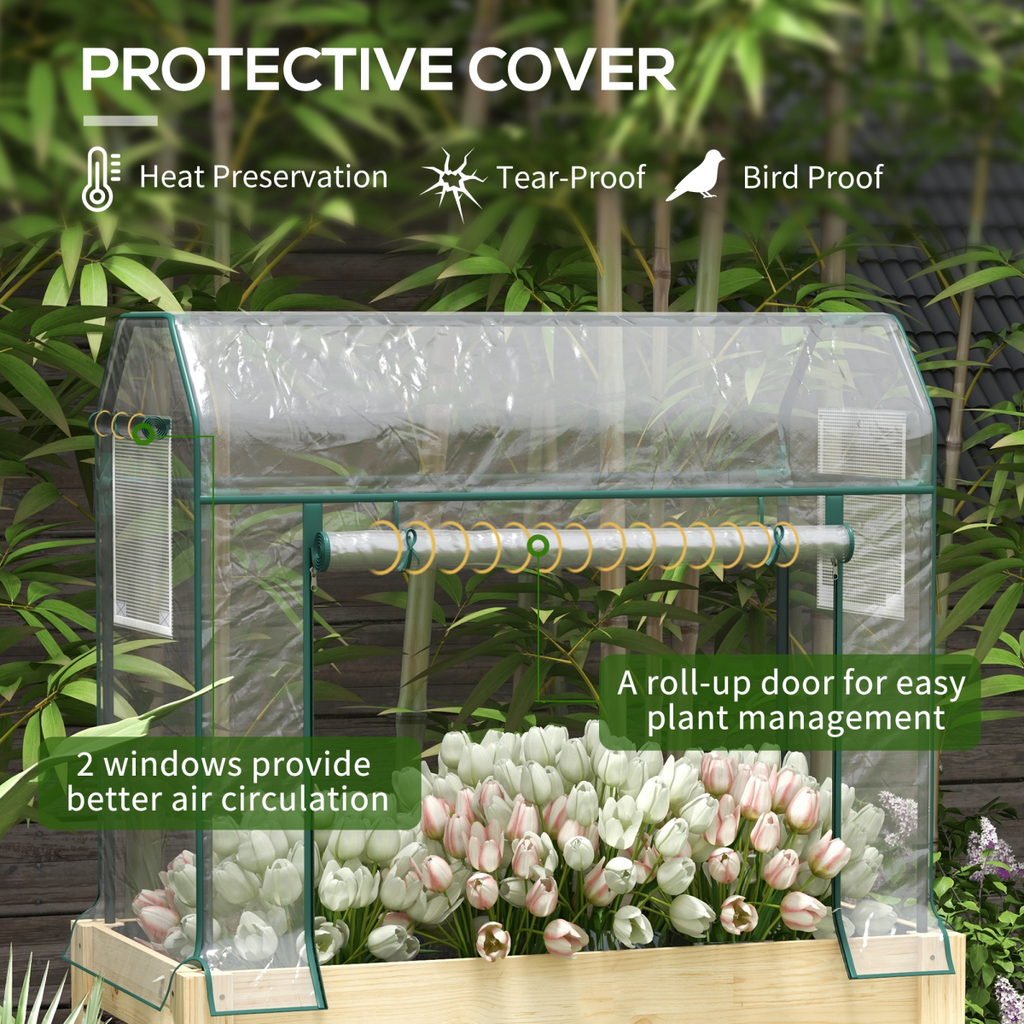 Outsunny Wooden Raised Planter, Garden Bed with Greenhouse Cover and Bed Liner