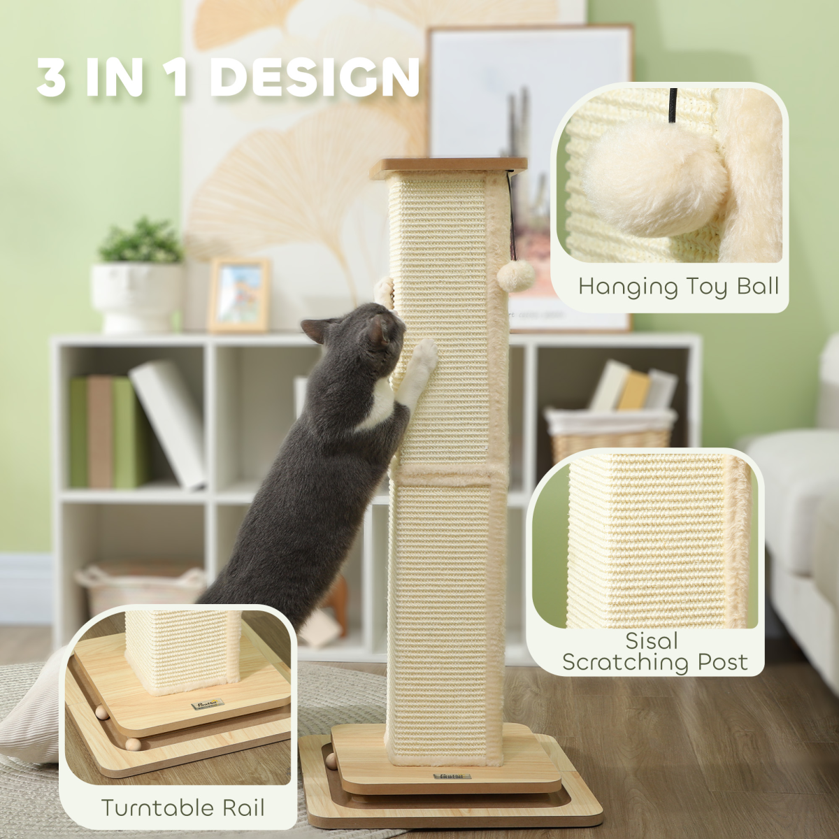PawHut 87cm Cat Scratching Post 3 in 1 Cat Scratcher w/ Track Ball Toy