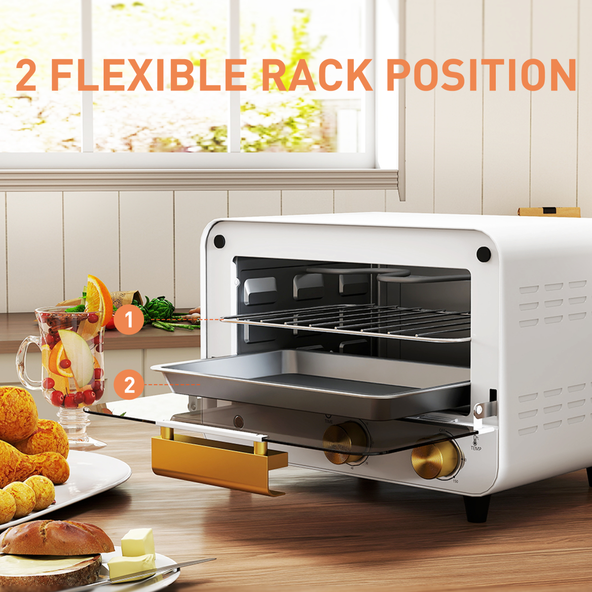 HOMCOM Small Toaster Oven, 12L Mini Countertop Oven with Glass Door, White