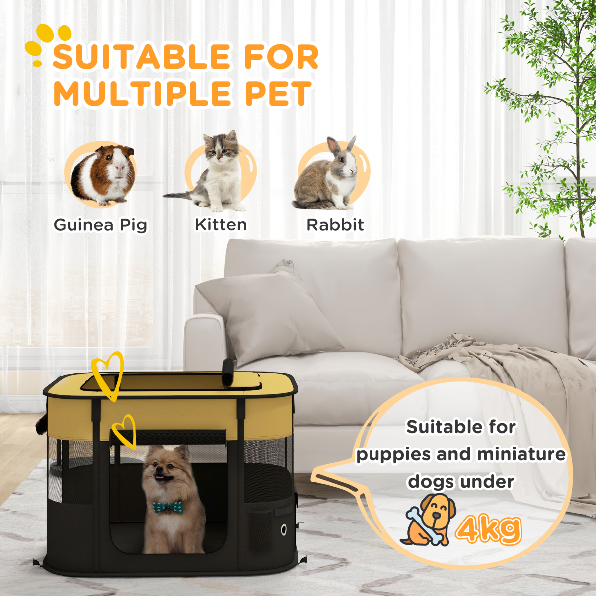 PawHut Portable Dog Pen for Puppies, Rabbits, Kittens, Guinea Pigs - Yellow