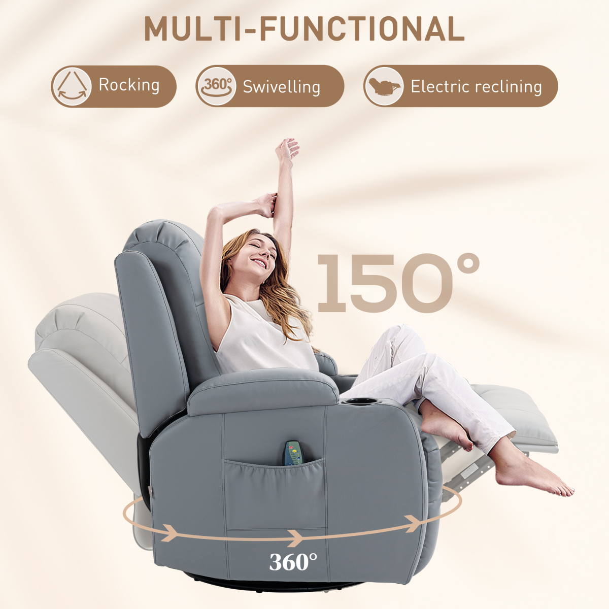 HOMCOM Manual Recliner Chair with 8 Vibration & Heat, Light Grey