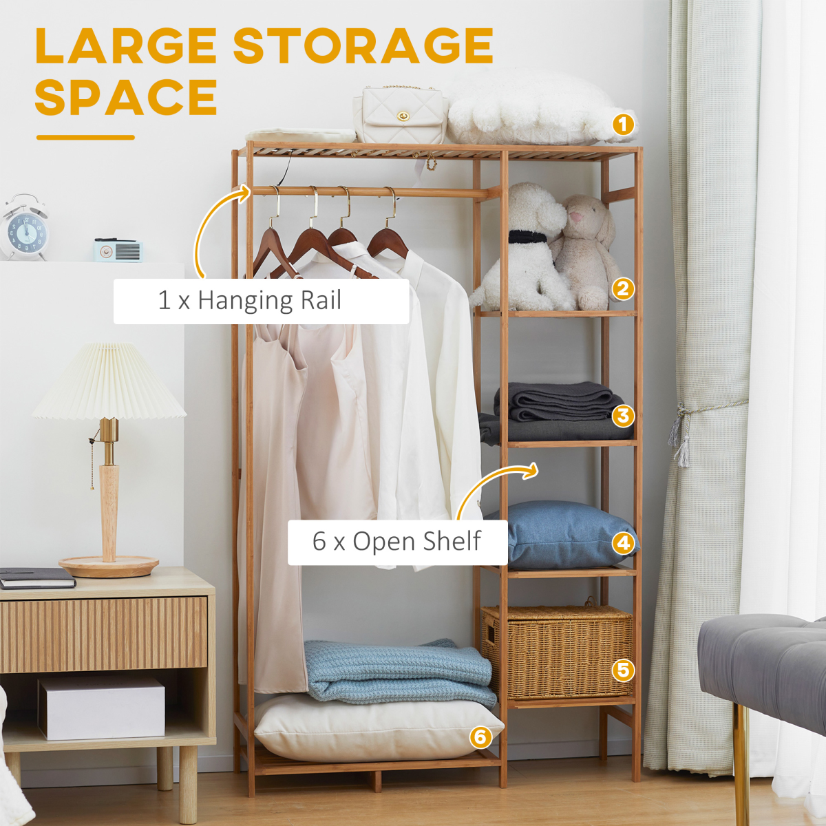 Bamboo Clothes Rail Garment Rack with 6 Tier Storage Shelf Hanging Rod