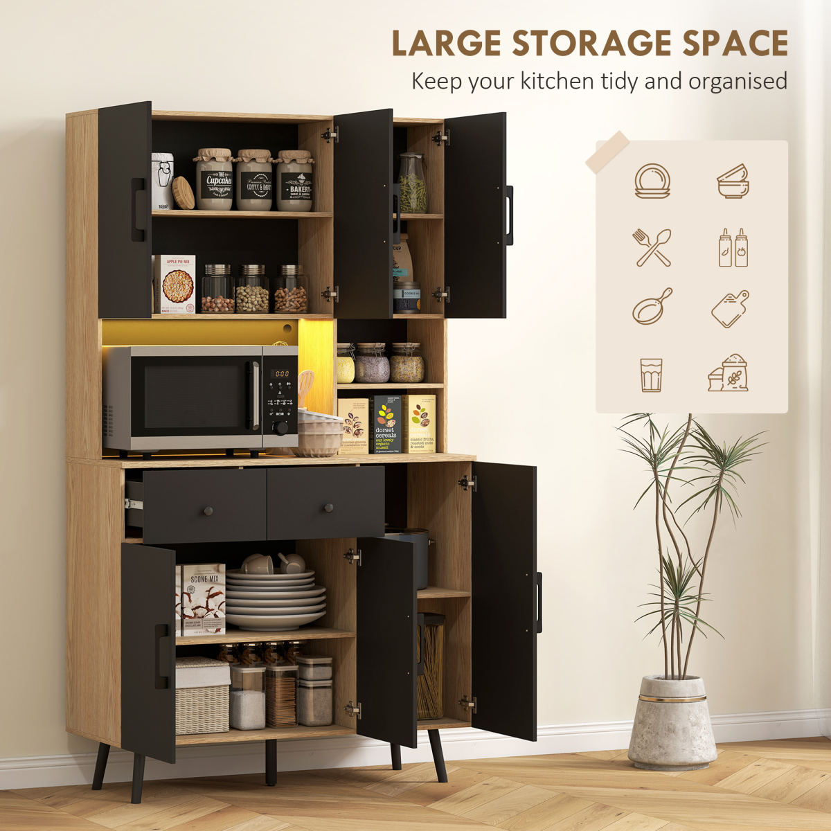 HOMCOM Tall Kitchen Cupboard with LED Lights and Adjustable Shelves, Oak