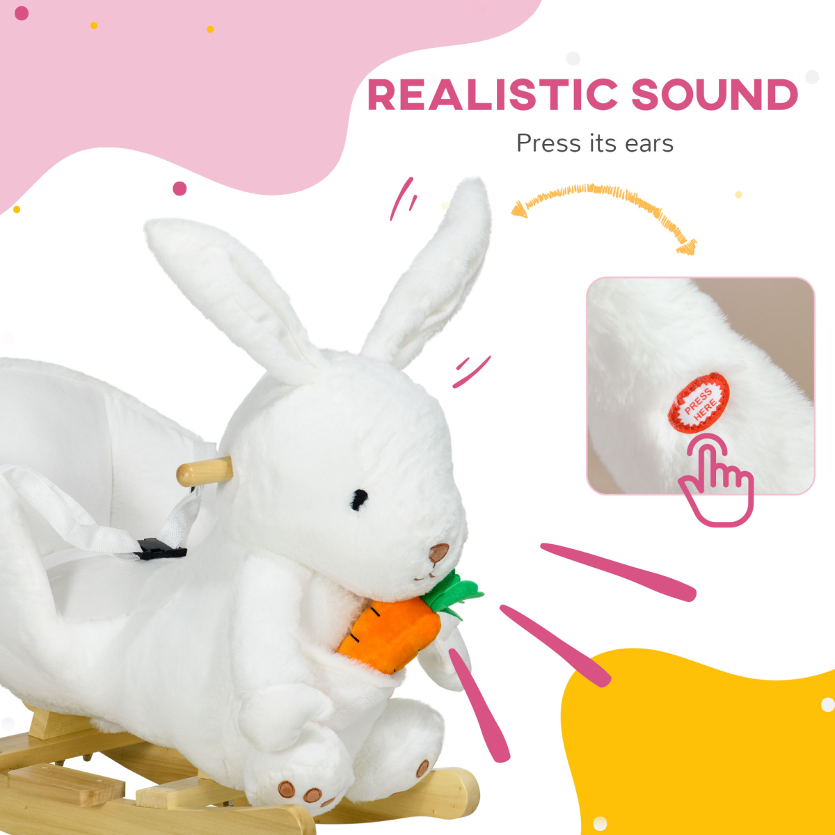 HOMCOM Kids Rabbit-Shaped Rocking Horse with Realistic Sounds Safety Belt  White