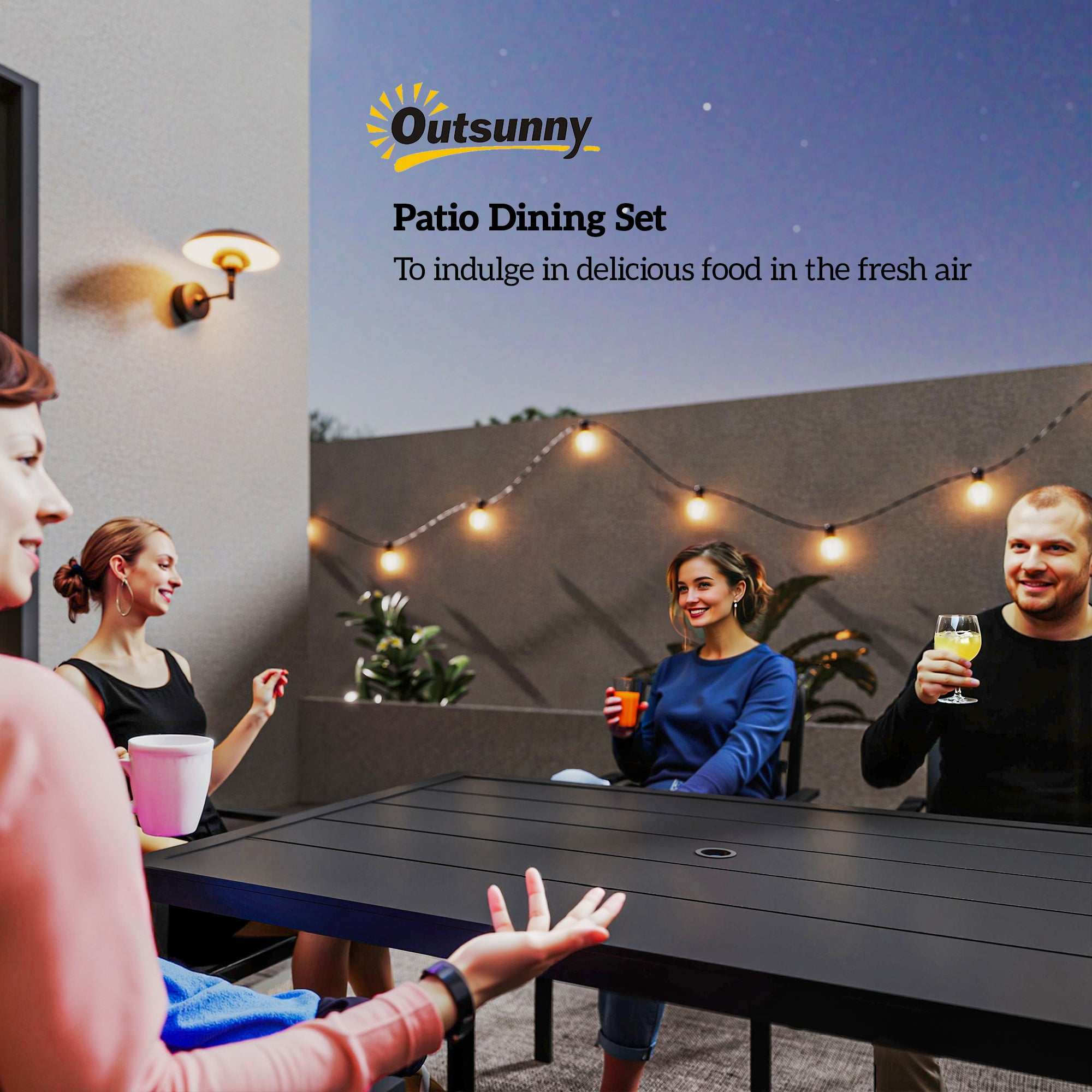 Outsunny 7 PCs Garden Dining Set w/ Stackable Chairs and Metal Top Table, Black