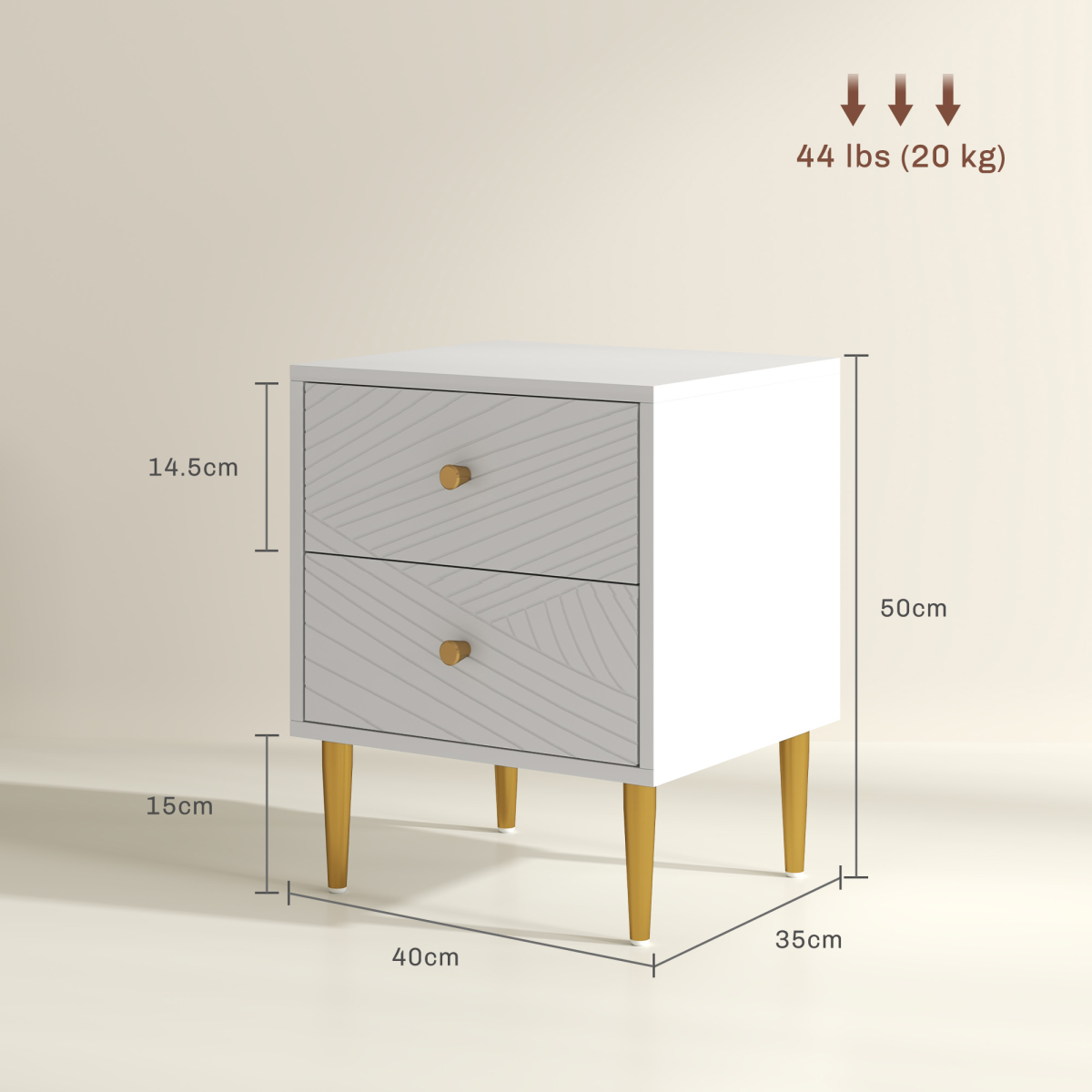 Elegant White Nightstand with Gold Handles & Storage Drawers