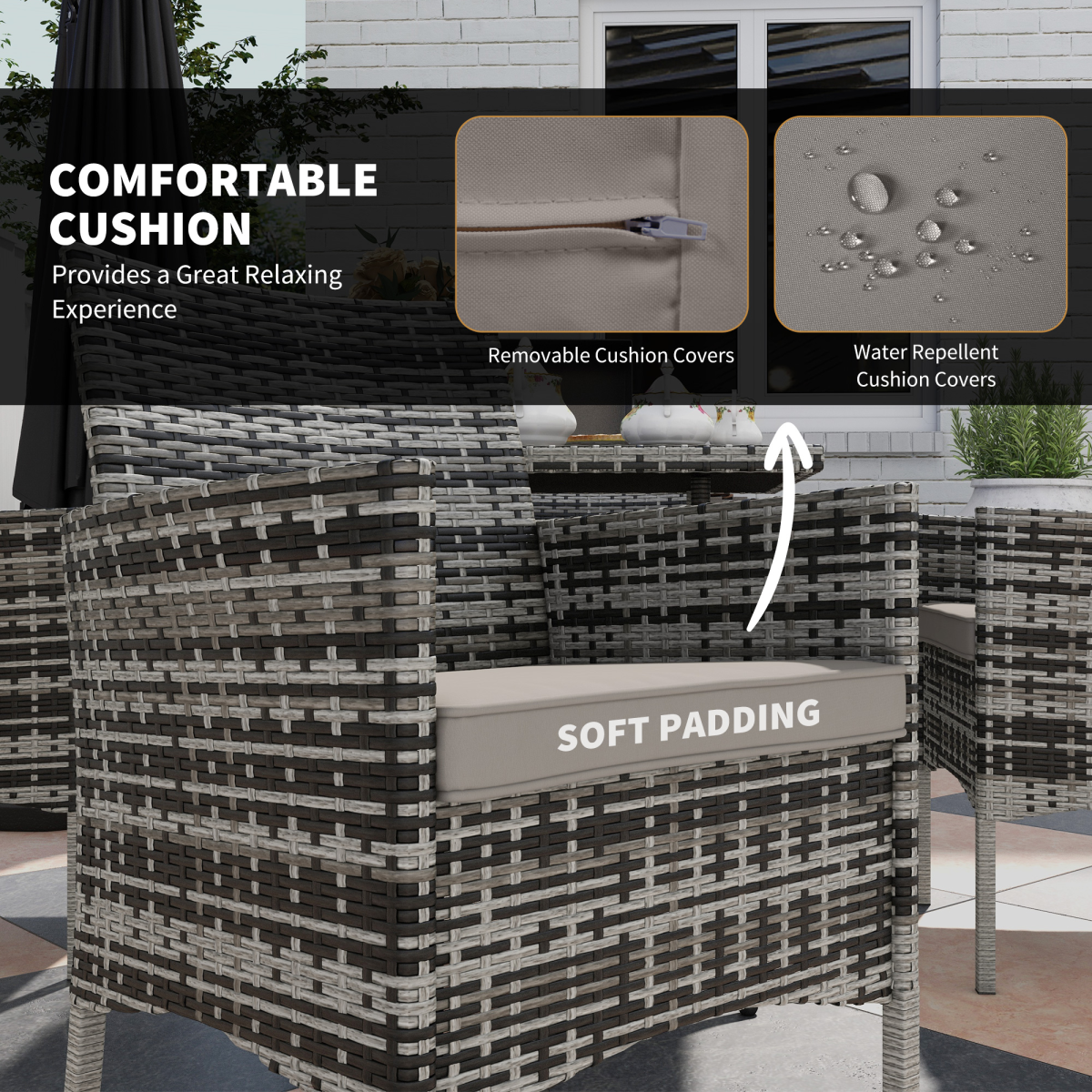 Outsunny 4 Seater Rattan Garden Furniture Set w/ Tempered Glass Tabletop - Grey