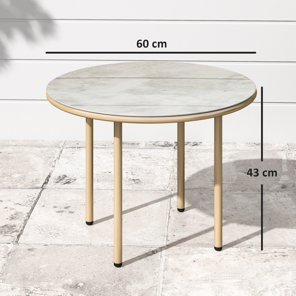 Outsunny Round Small Garden Table with Faux Marble Glass Top, Beige