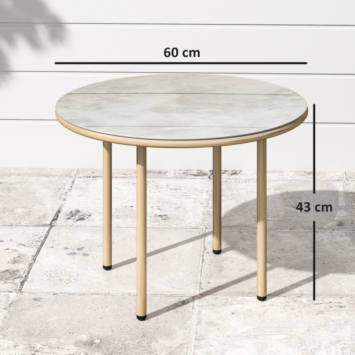 Outsunny Round Small Garden Table with Faux Marble Glass Top, Beige