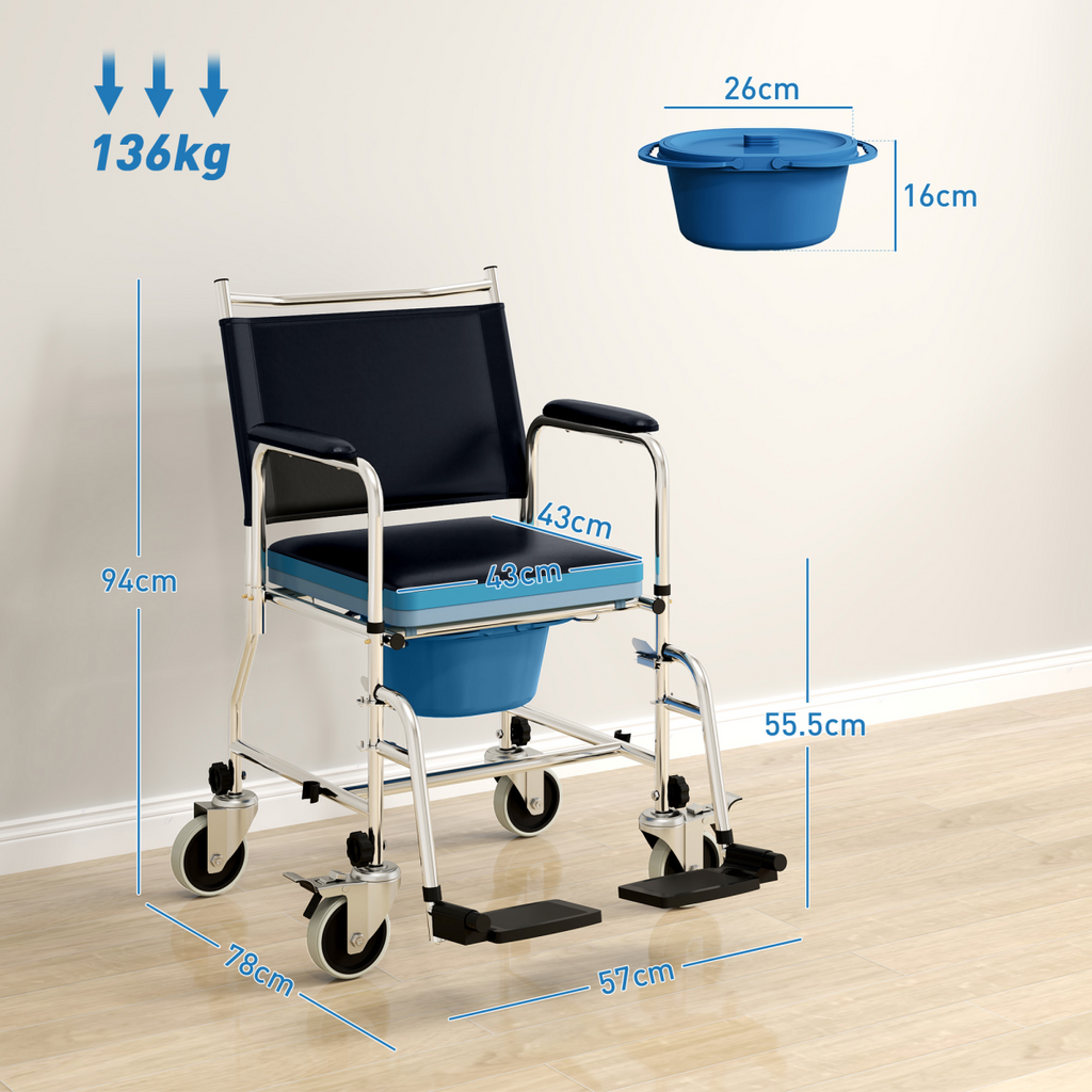 Versatile Commode Shower Chair Wheelchair with Footrest for Comfort