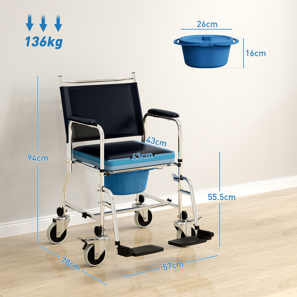 Versatile Commode Shower Chair Wheelchair with Footrest for Comfort
