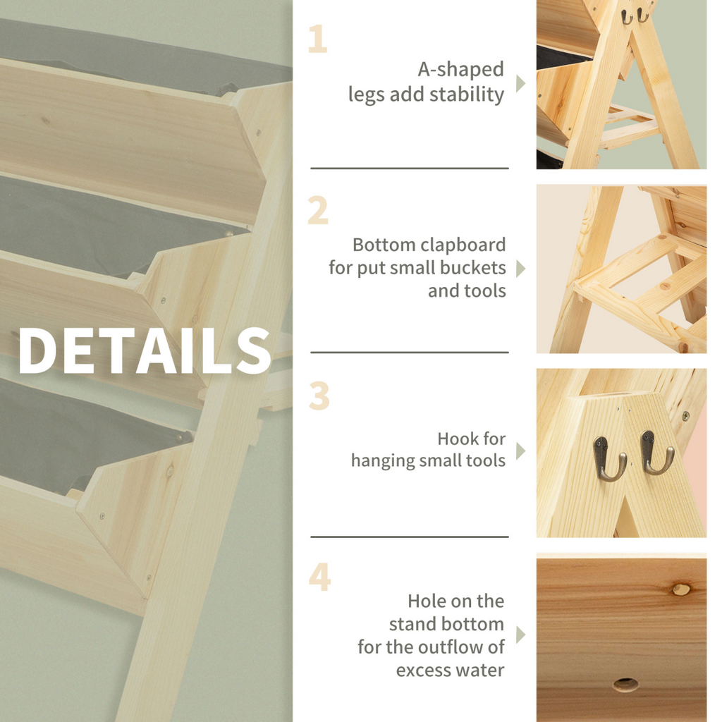 3 Tier Wooden Stand Vertical Plant Bed Storage & Clapboard & Hooks, 120x68x80cm