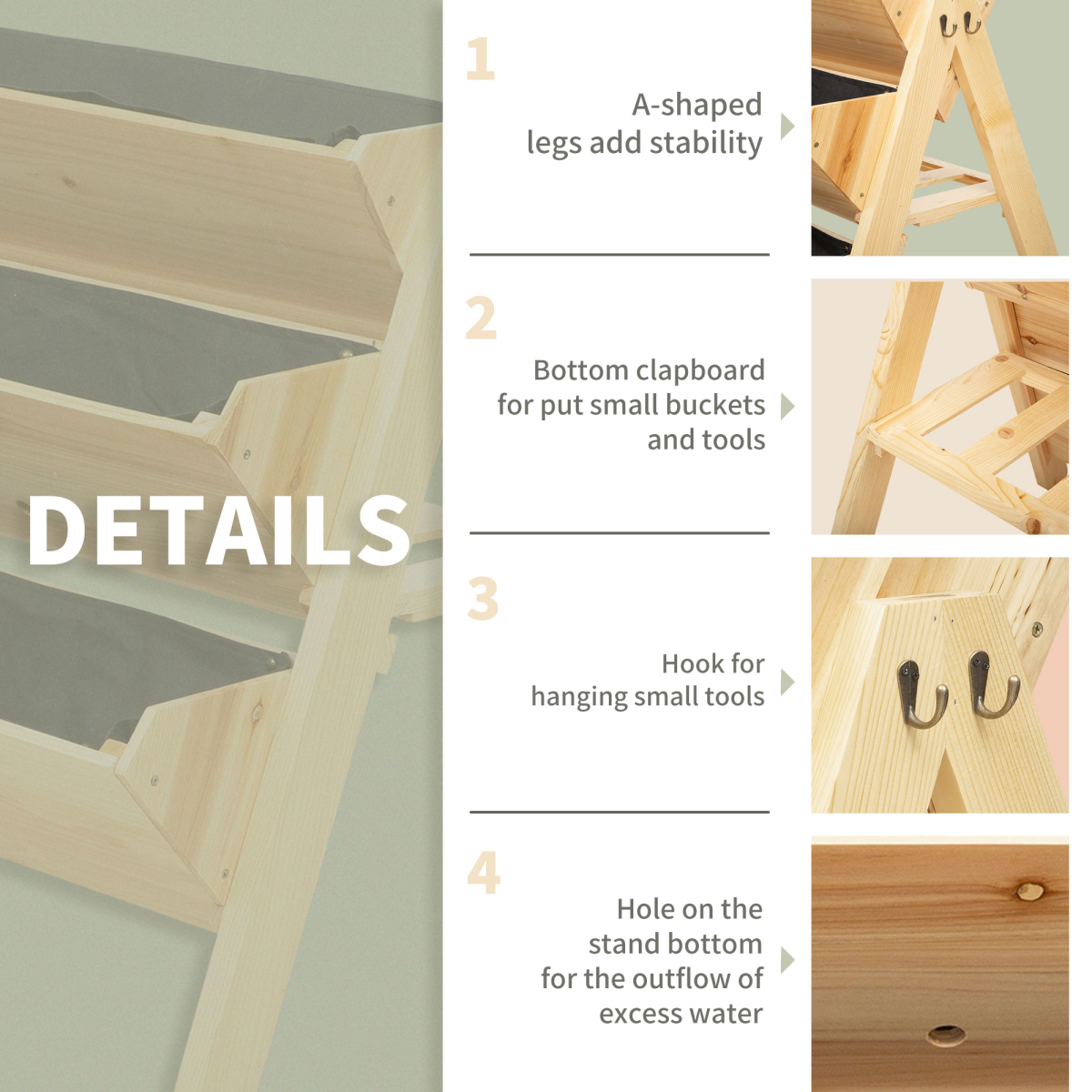 3 Tier Wooden Stand Vertical Plant Bed Storage & Clapboard & Hooks, 120x68x80cm