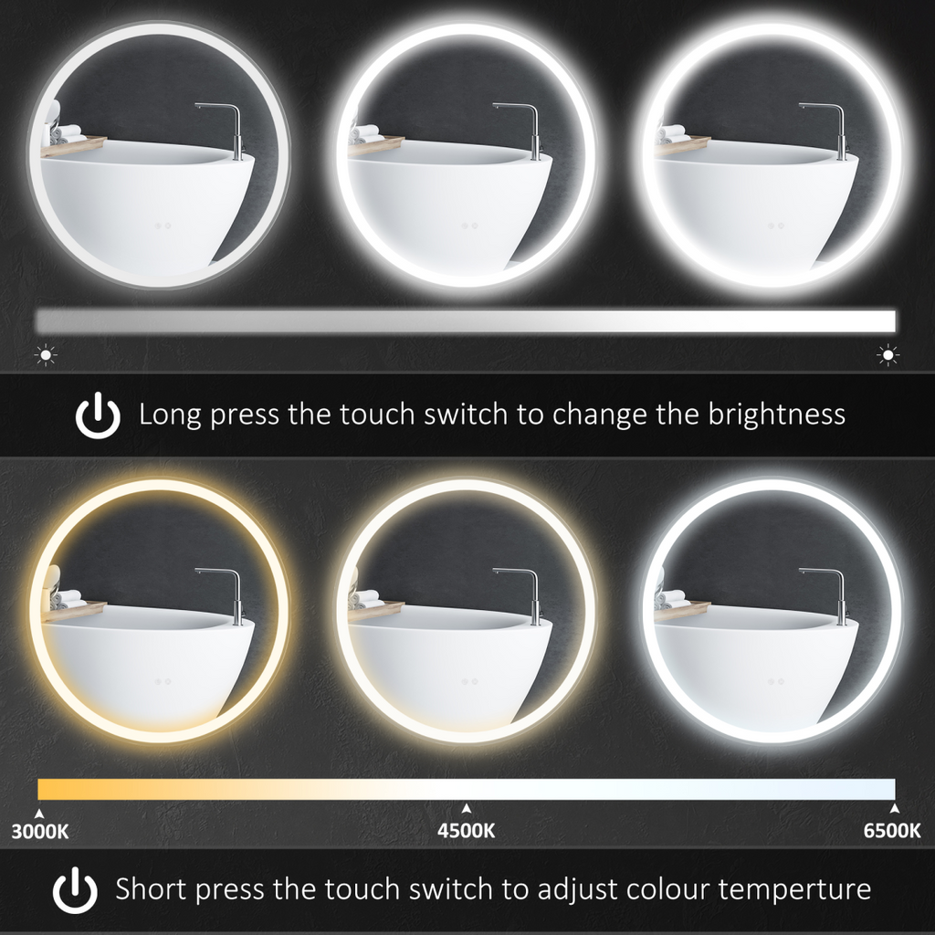 kleankin Dimmable Bathroom Mirror with LED Lights, 3 Colours, Defogging Film