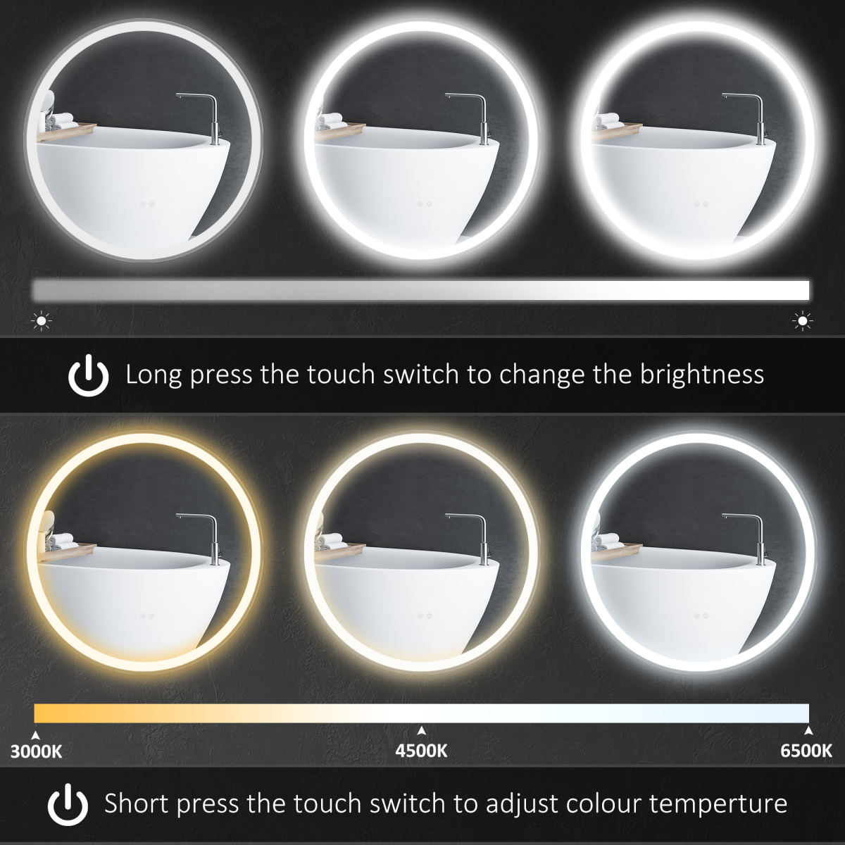 kleankin Dimmable Bathroom Mirror with LED Lights, 3 Colours, Defogging Film
