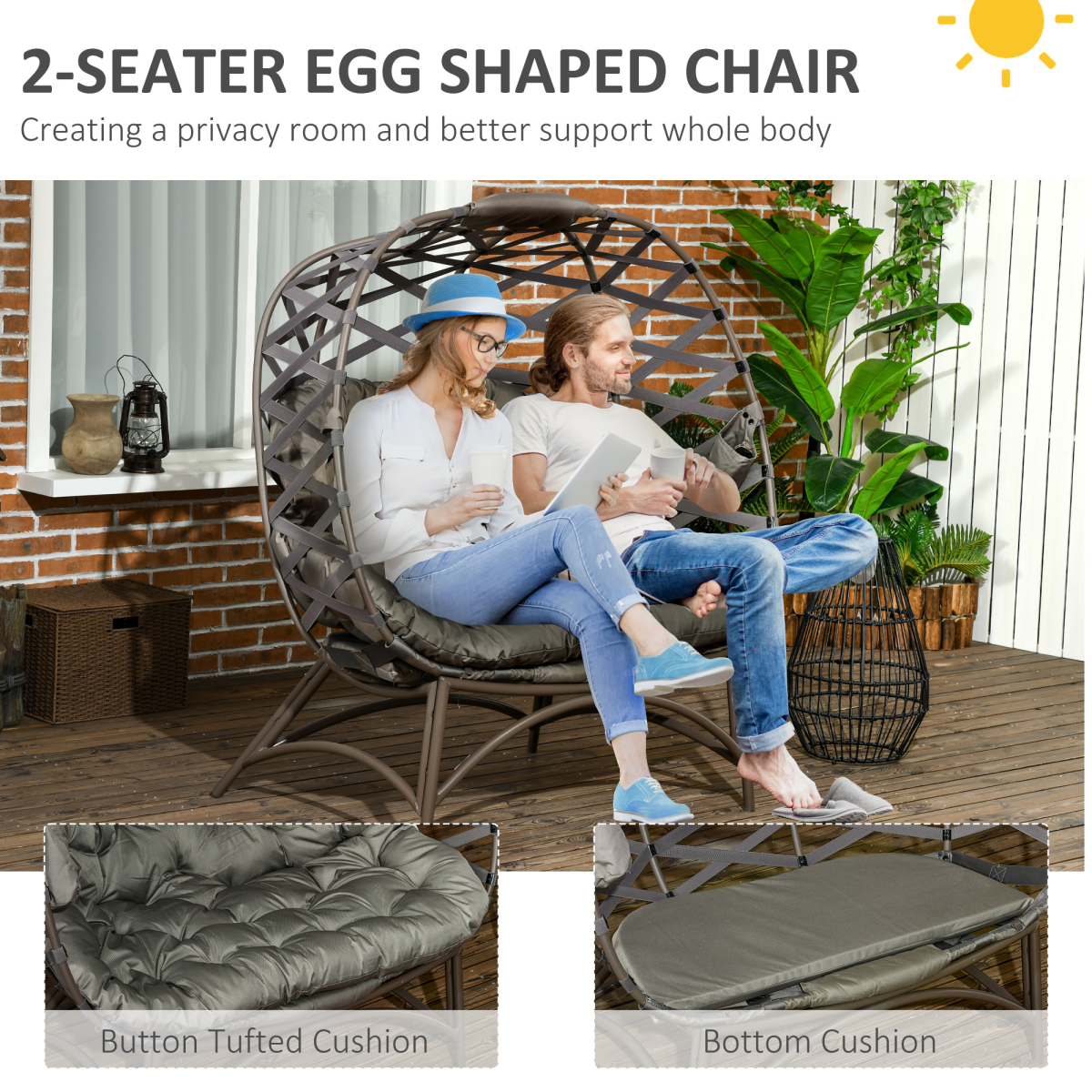 Outsunny 2 Seater Egg Chair Outdoor with Cushion, Cup Pockets - Sand Brown