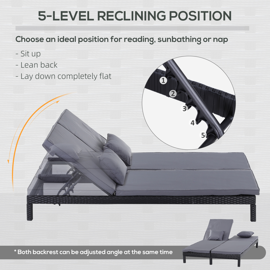 2 Seater Rattan Lounger  Adjustable  Cushions Black