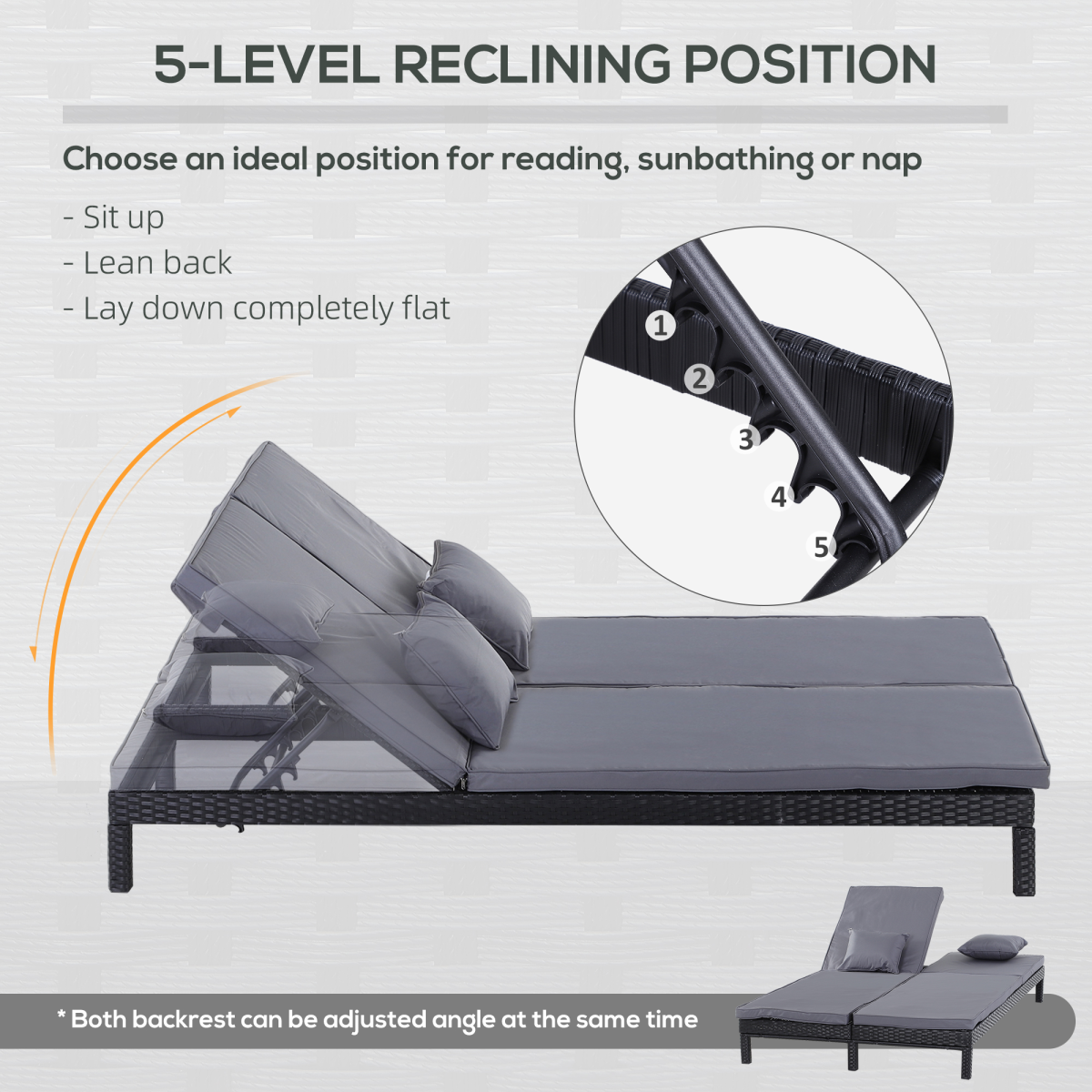 2 Seater Rattan Lounger  Adjustable  Cushions Black