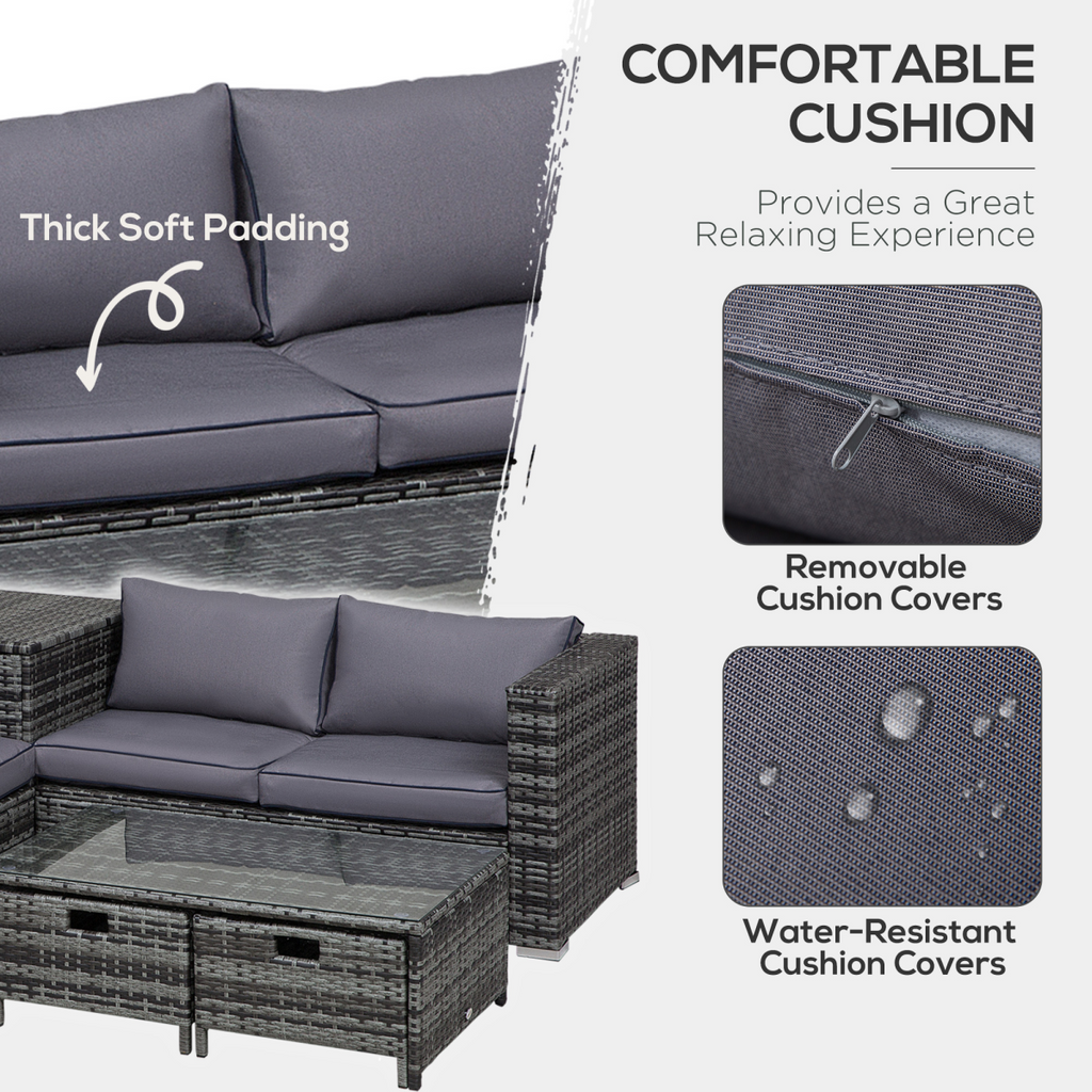 4pcs Rattan Sofa Storage & Table & 2 Drawers Cushions Corner Trunk Coffee Grey