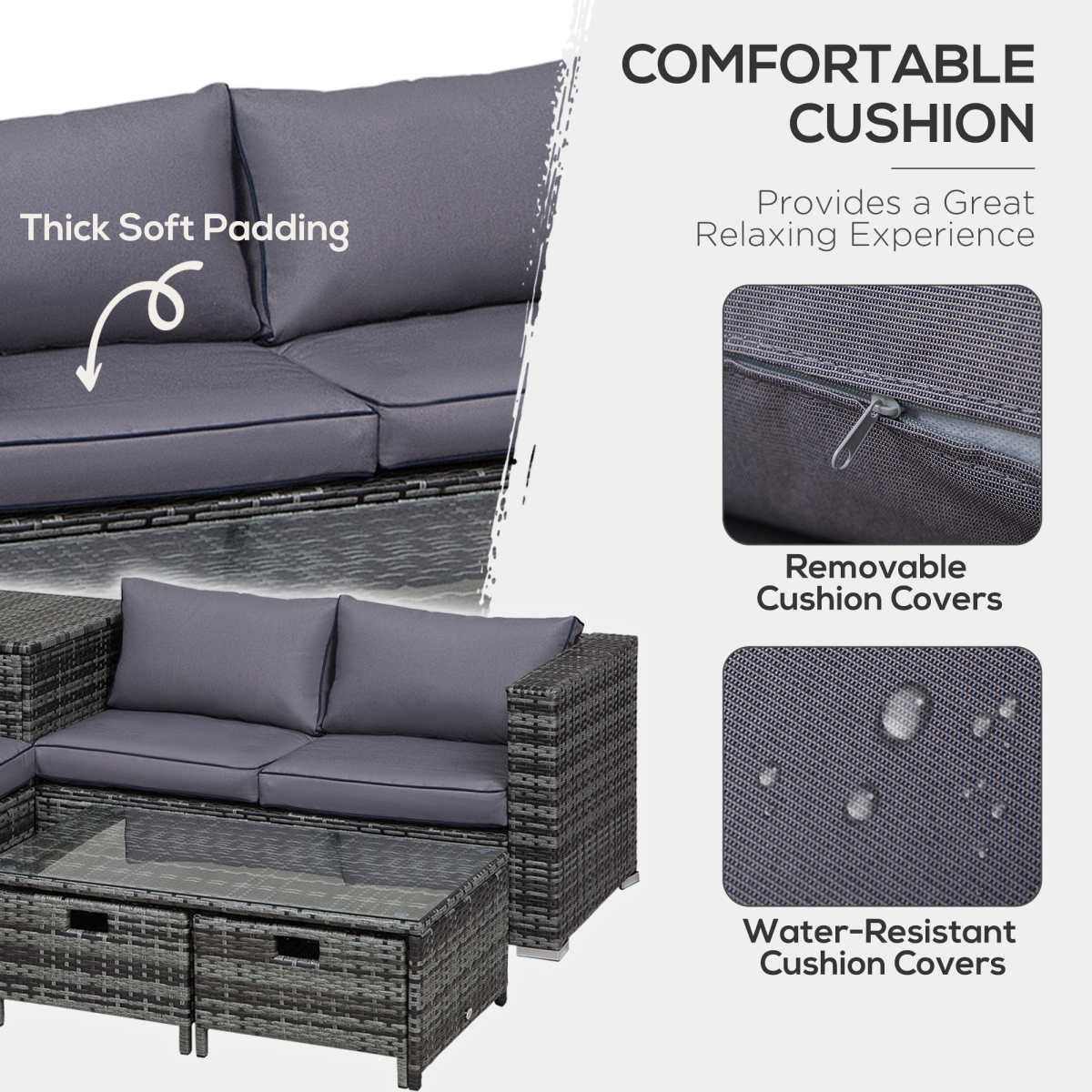 4pcs Rattan Sofa Storage & Table & 2 Drawers Cushions Corner Trunk Coffee Grey