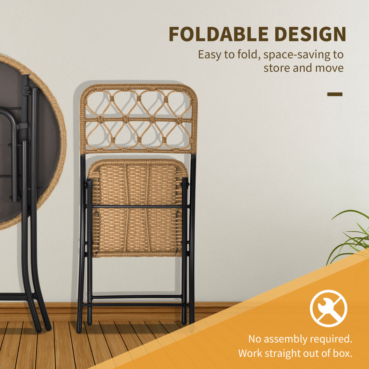 3 PCS Rattan Wicker Set Easy Folding, Hand Woven Rattan Coffee Table & Chairs