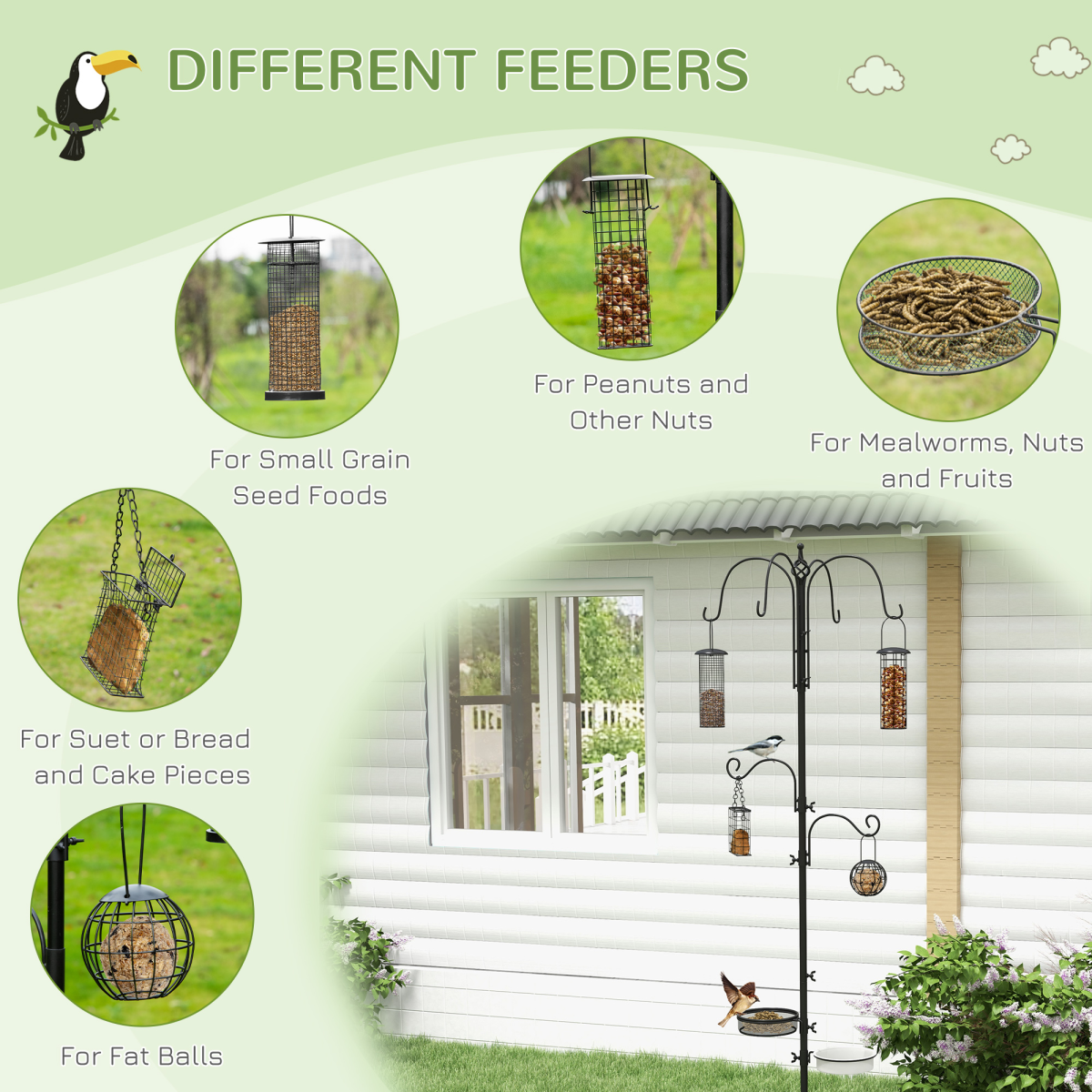 Bird Feeding Station Kit Wild Bird Feeder Pole w/ 6 Hooks 4 Hanging Feeders
