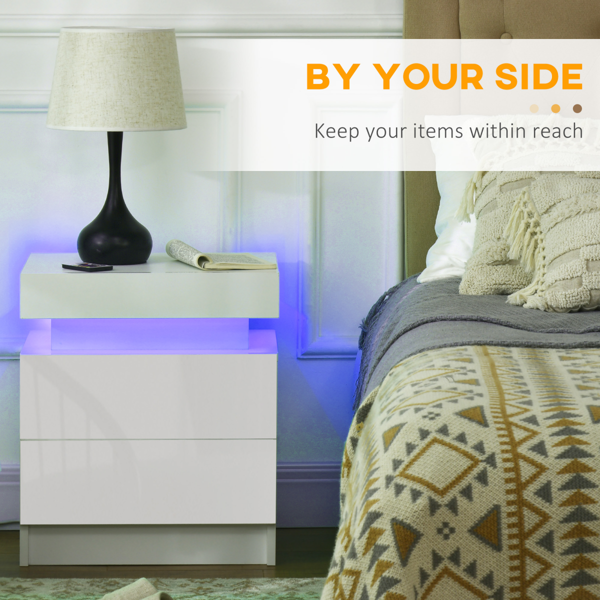 HOMCOM White Bedside Table, High Gloss Front Nightstand w/ LED Light, 2 Drawers