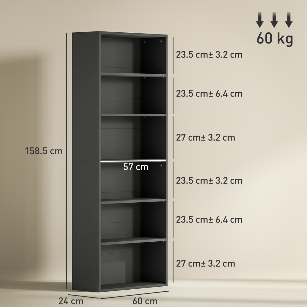 Elegant 6-Tier Adjustable Bookshelf - Stylish Black Freestanding Bookcase