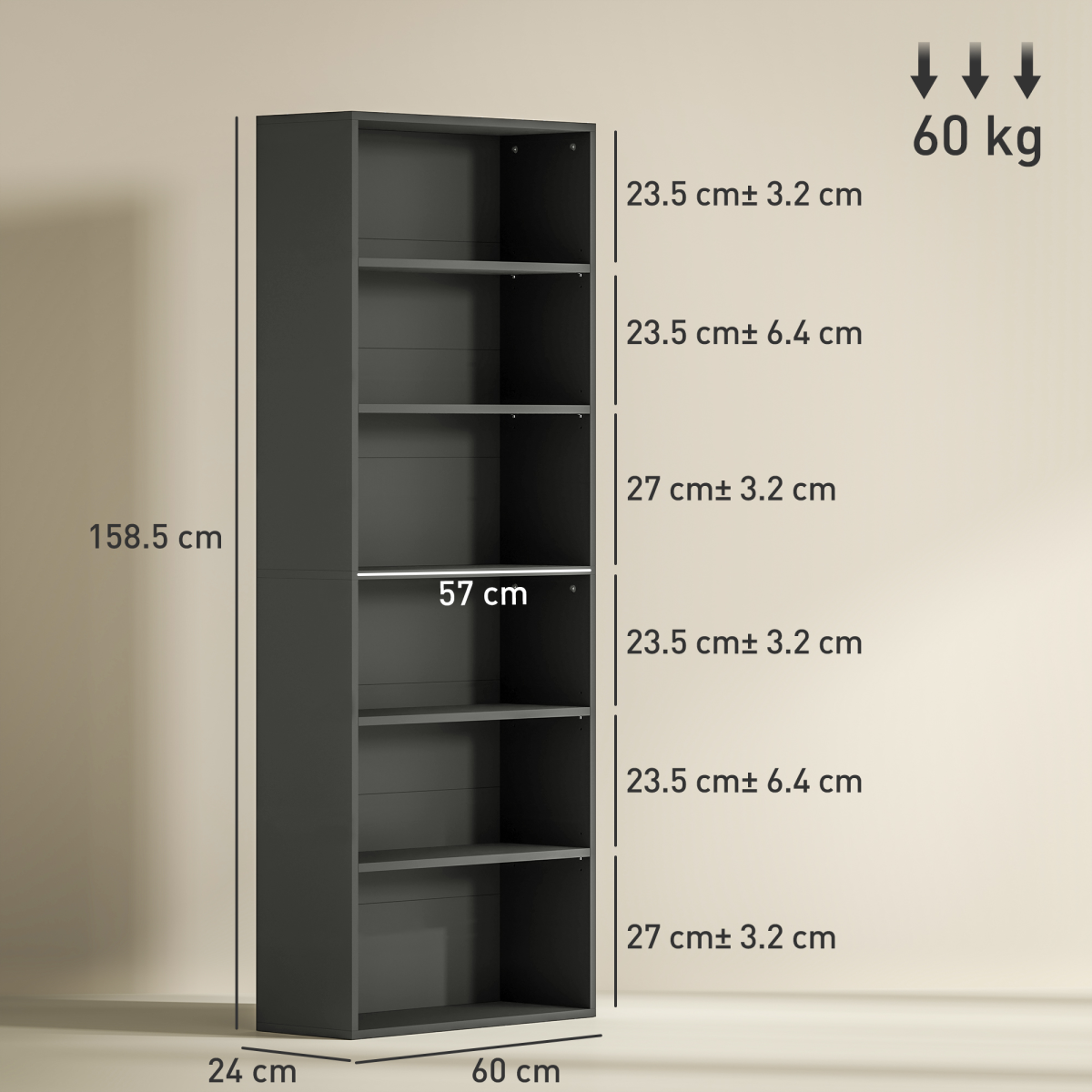 Elegant 6-Tier Adjustable Bookshelf - Stylish Black Freestanding Bookcase