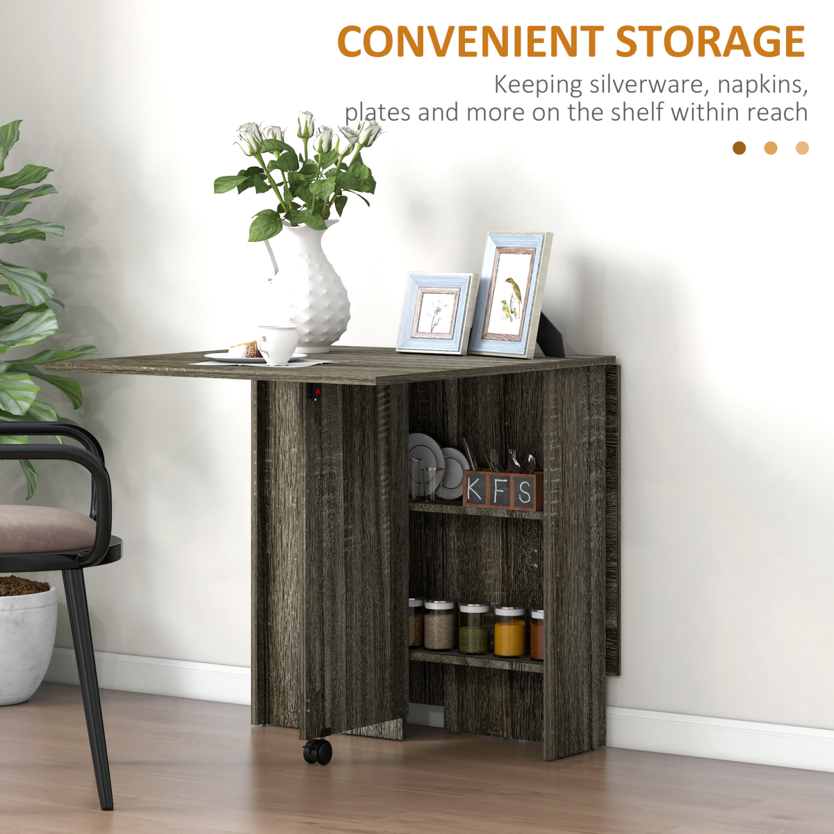 HOMCOM Mobile Drop Leaf Dining Table Folding Desk w/ 2 wheels Storage Shelves