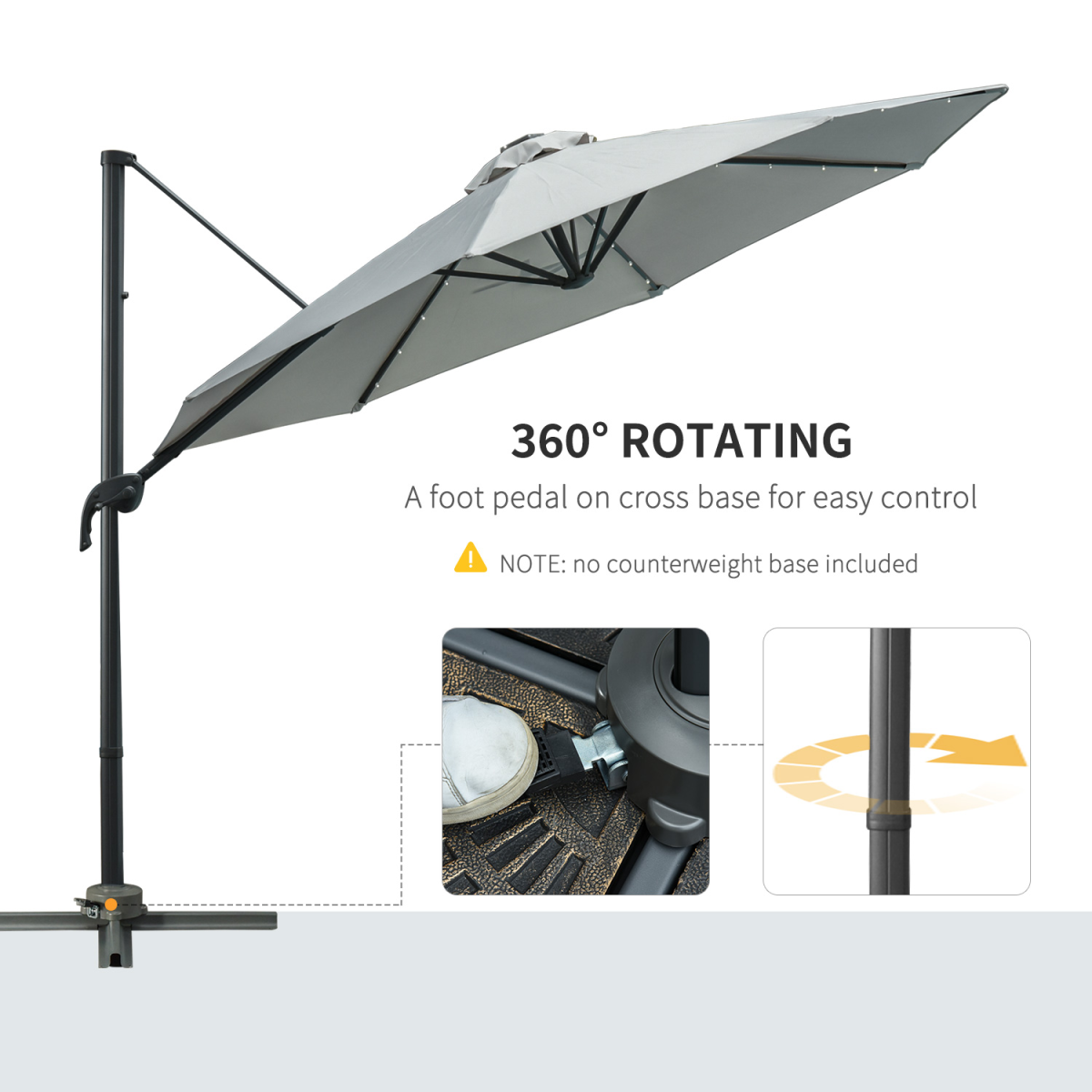 3m Cantilever Roma Parasol Patio Sun Umbrella with LED Solar Light, Grey