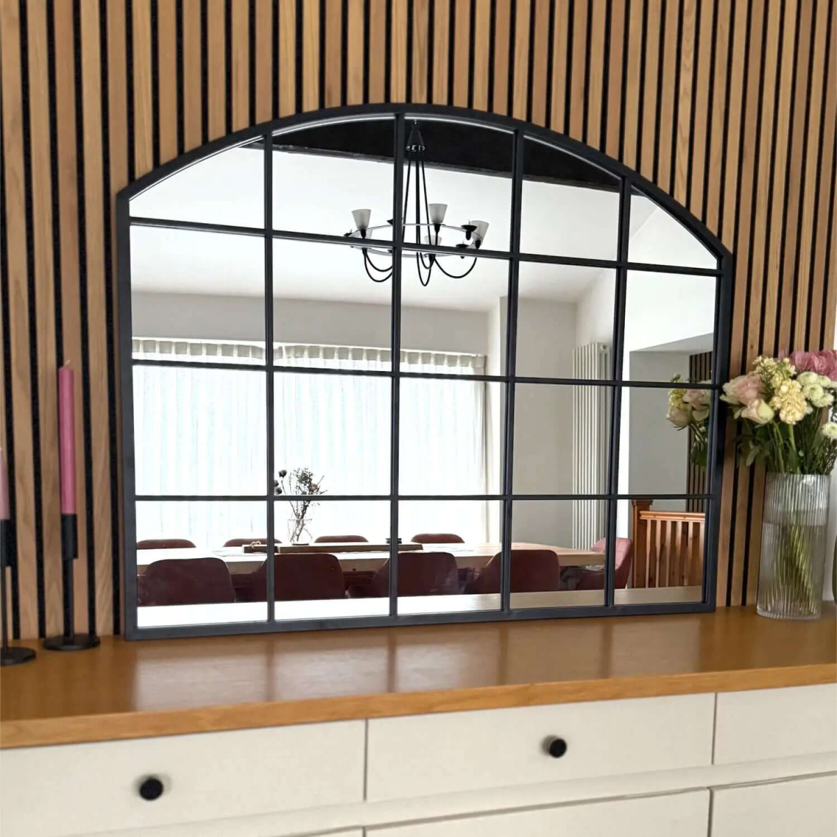 Tomi Black Metal Arched Lattice Window Mirror - Elegant 95cm x 120cm Statement Piece
