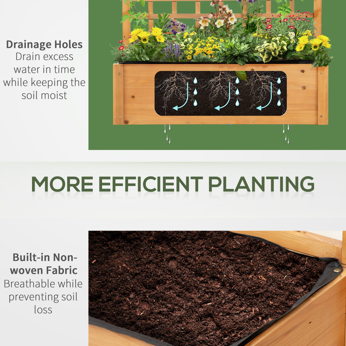 105x40x135cm Wooden Planter Raised Elevated Bed Planter Flower with 2 Shelves