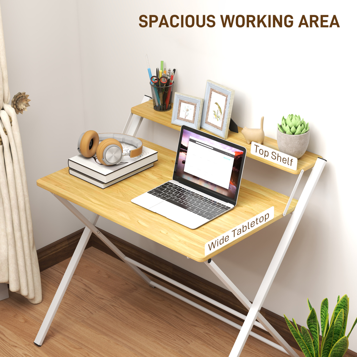 Space-Saving HOMCOM Folding Desk with 2-Tier Shelf – Stylish Maple Wood Design