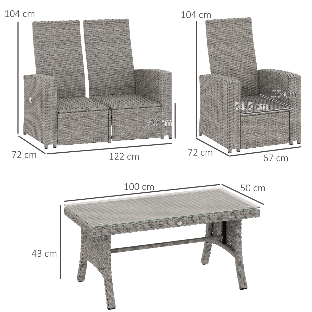 Stylish Grey Rattan Outdoor Set with Reclining Loveseat & Armchairs