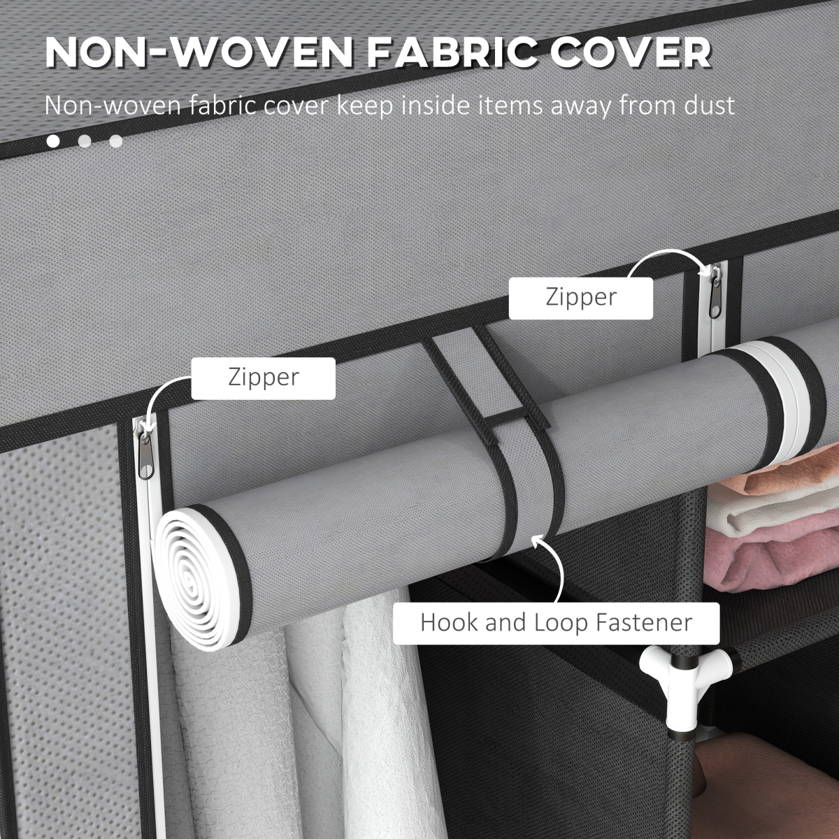 HOMCOM Portable Wardrobe w/ 5 Shelves 3 Fabric Drawers and 2 Hanging Rails Grey