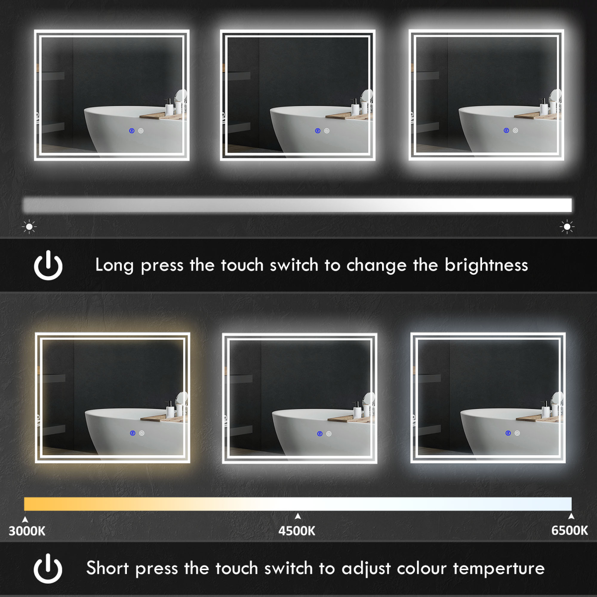 kleankin Dimmable Bathroom Mirror with LED Lights, 3 Colours, Defogging Film